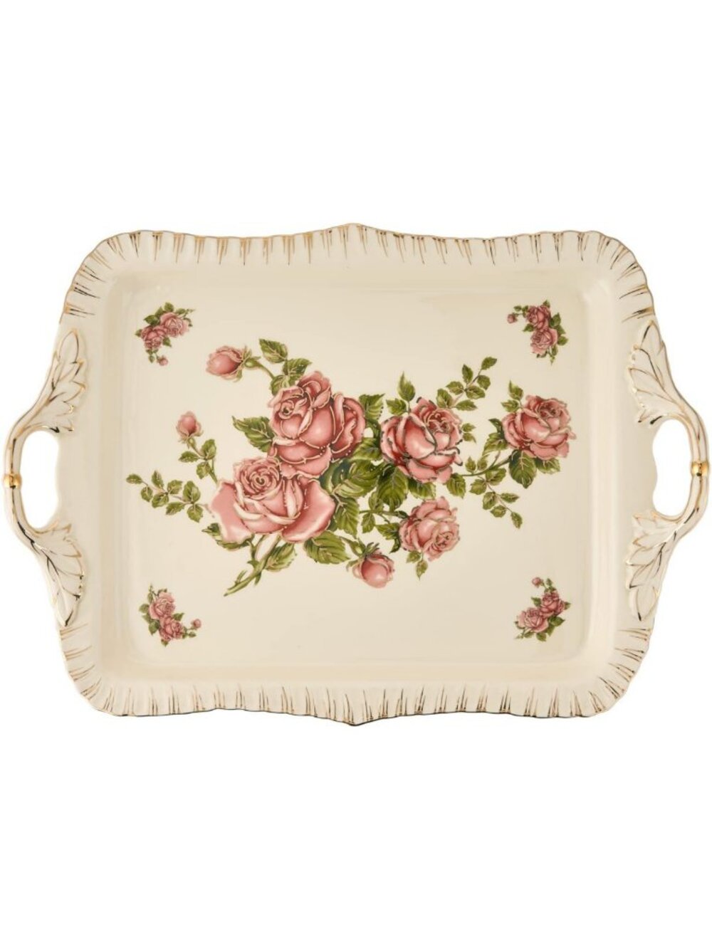 Elegant Pink Rose Ceramic Serving Tray - 15x11 Inch Decorative Platter